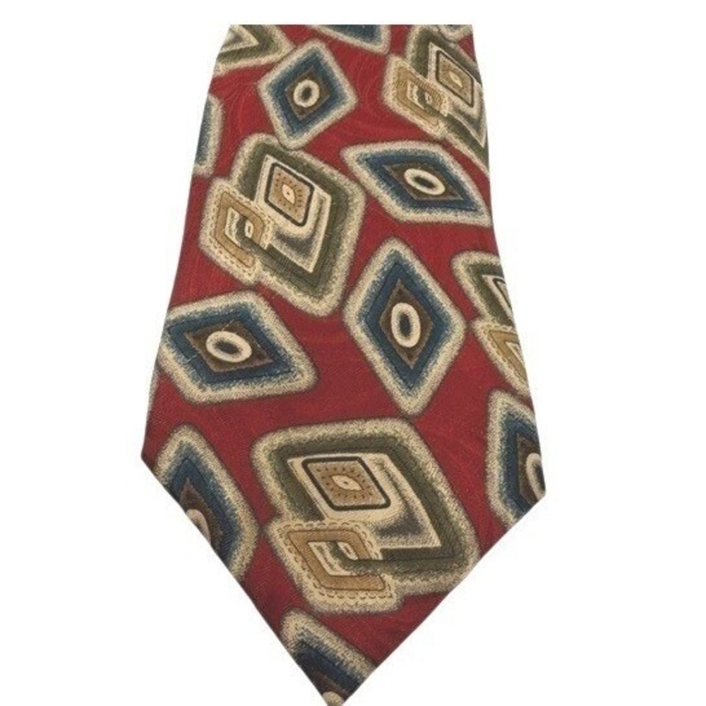 Hart Schaffner Marx Mens Silk Blend Tie Red Olive Geometric 3.5x58 Palesco